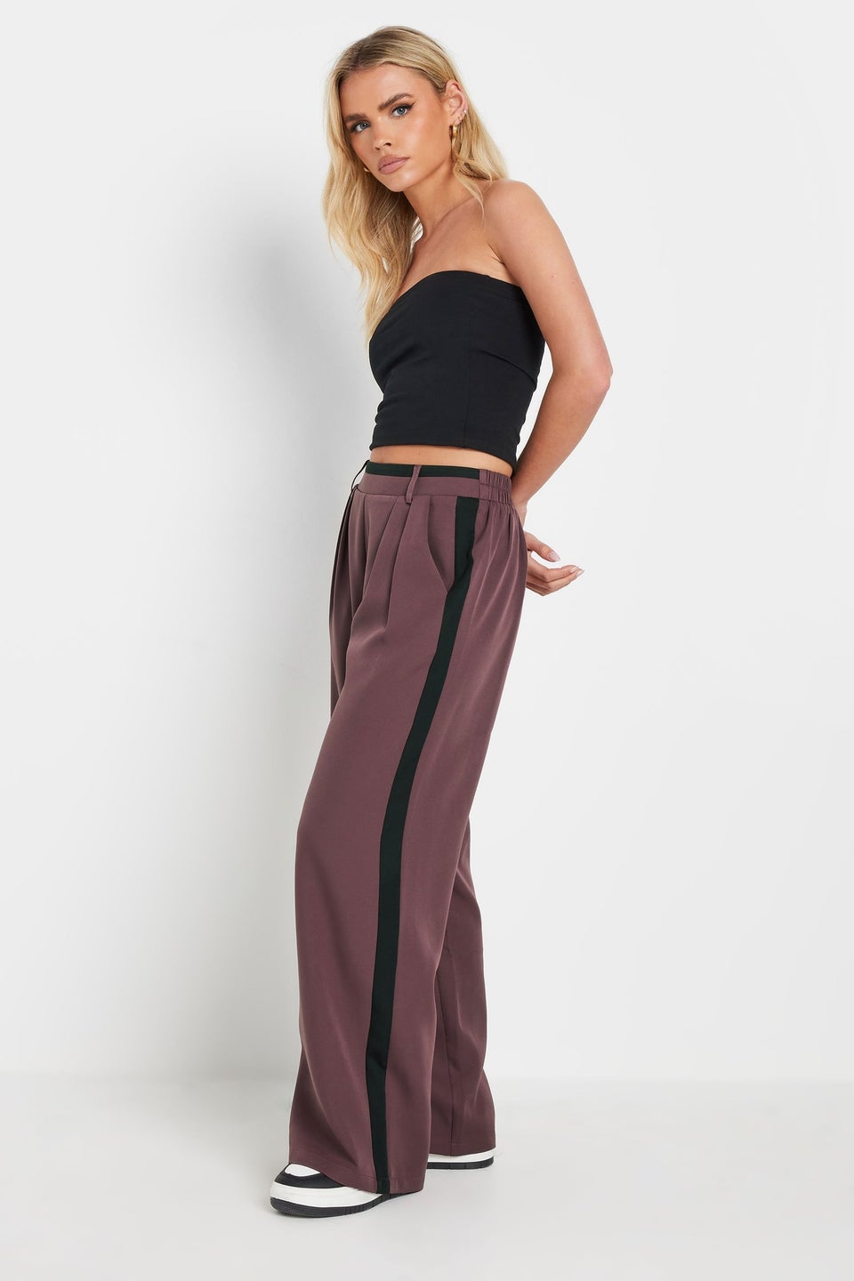 Pixiegirl Purple Side Stripe Contrast Waist Wide Leg Trousers