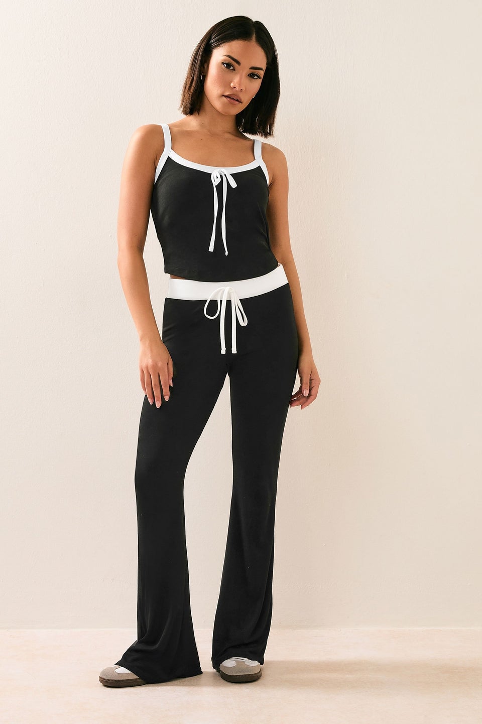 PixieGirl Petite Black Contrast Waist Flared Trousers