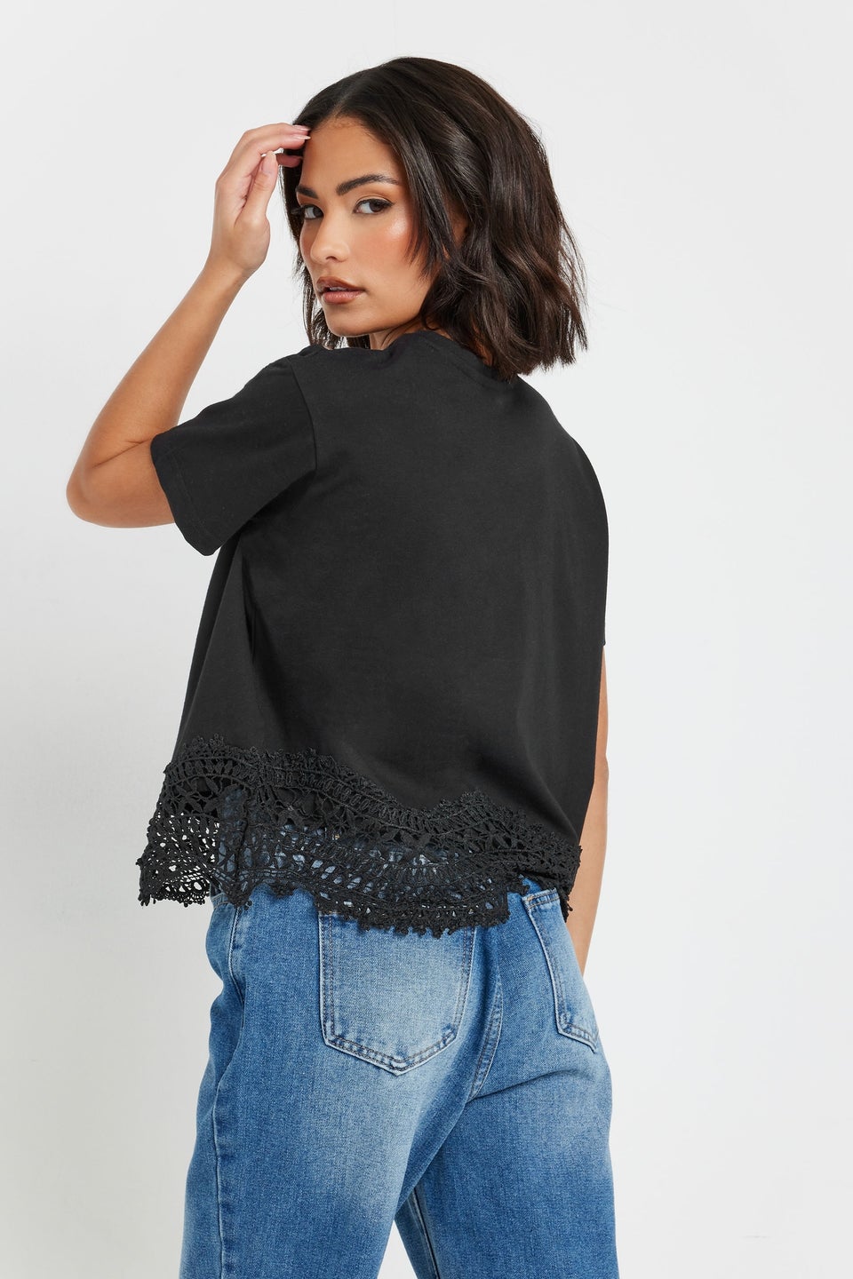 PixieGirl Petite Black Crochet Hemline T-Shirt
