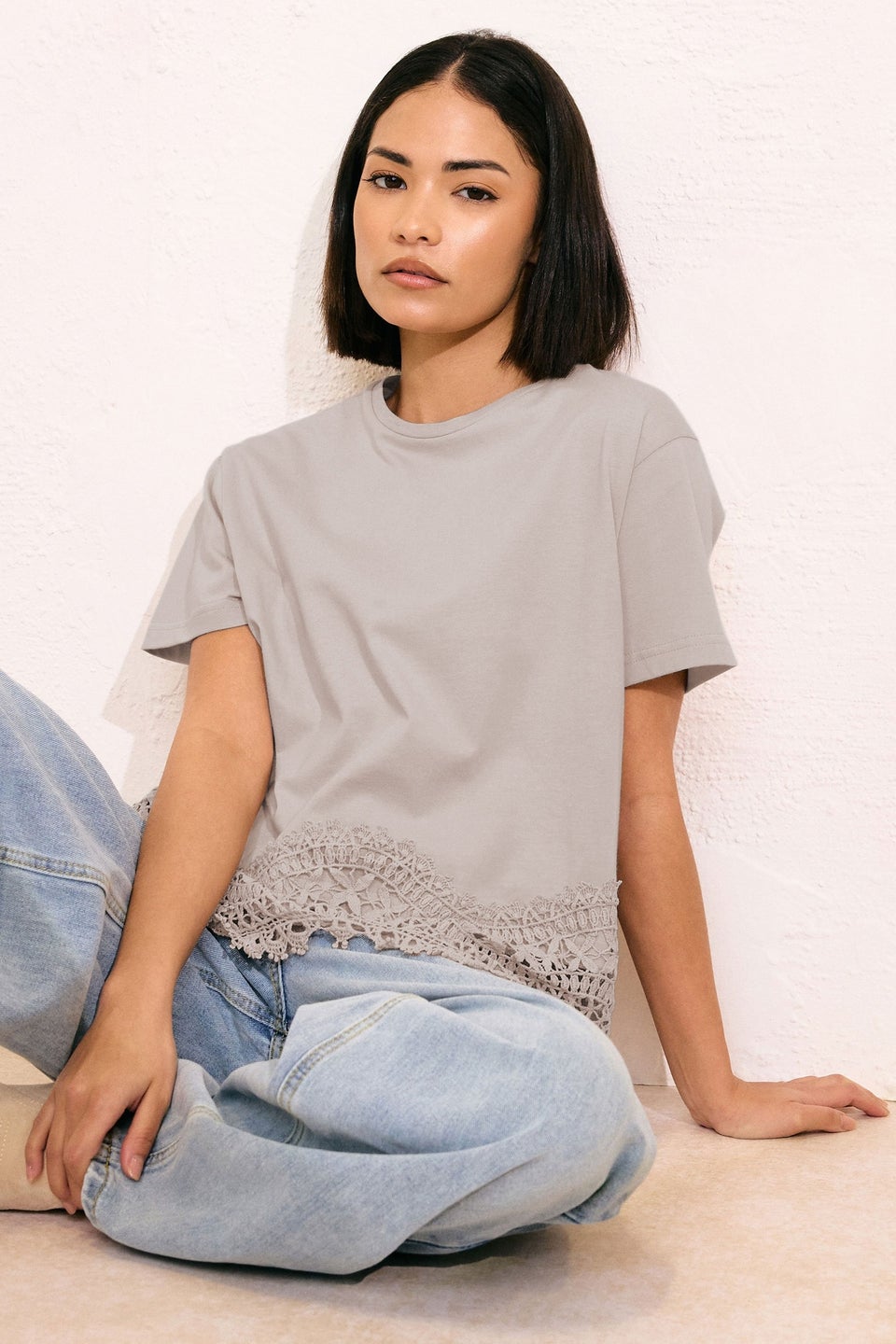 Pixiegirl Stone Brown Crochet Hemline T-Shirt