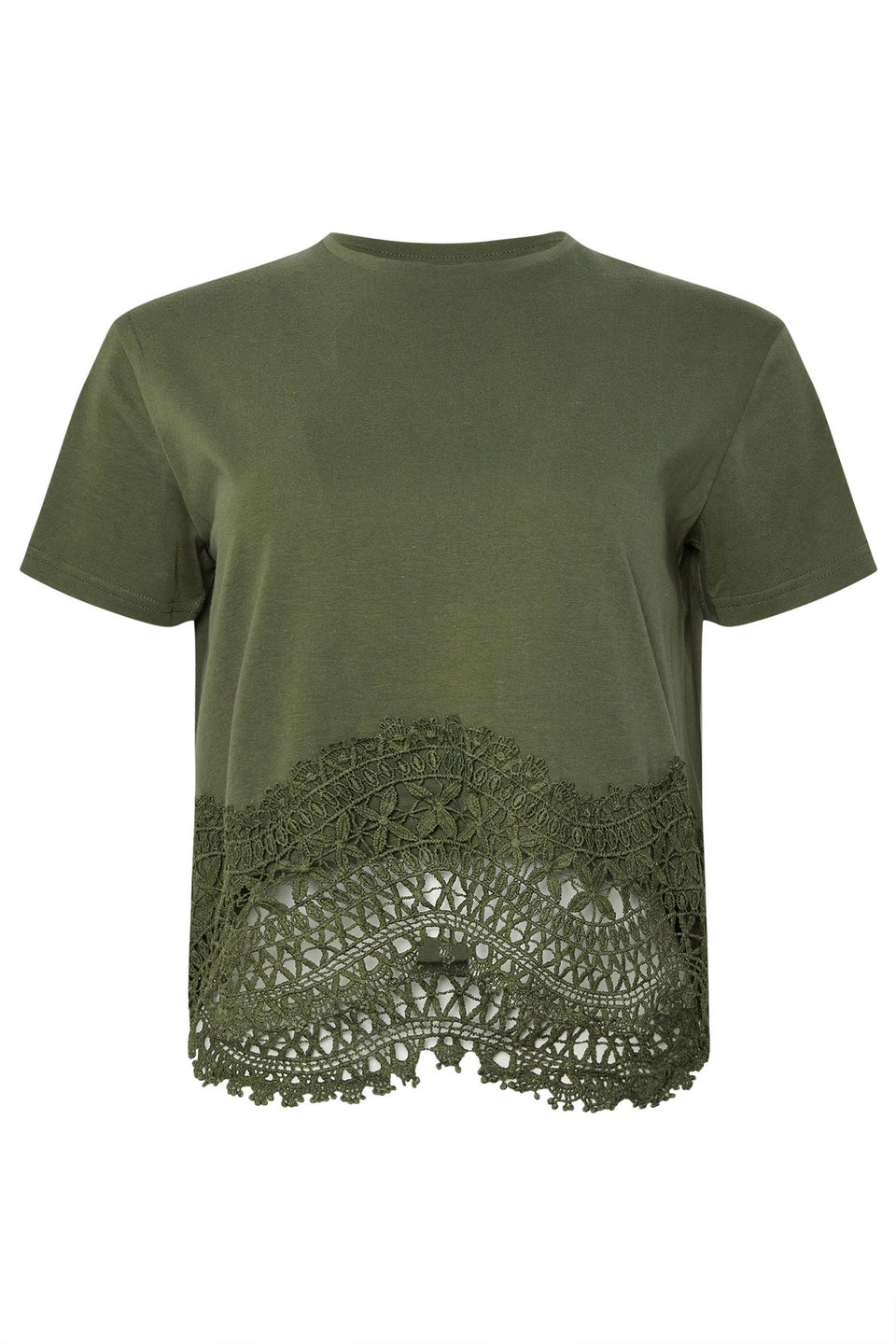 PixieGirl Petite Khaki Green Crochet Hemline T-Shirt