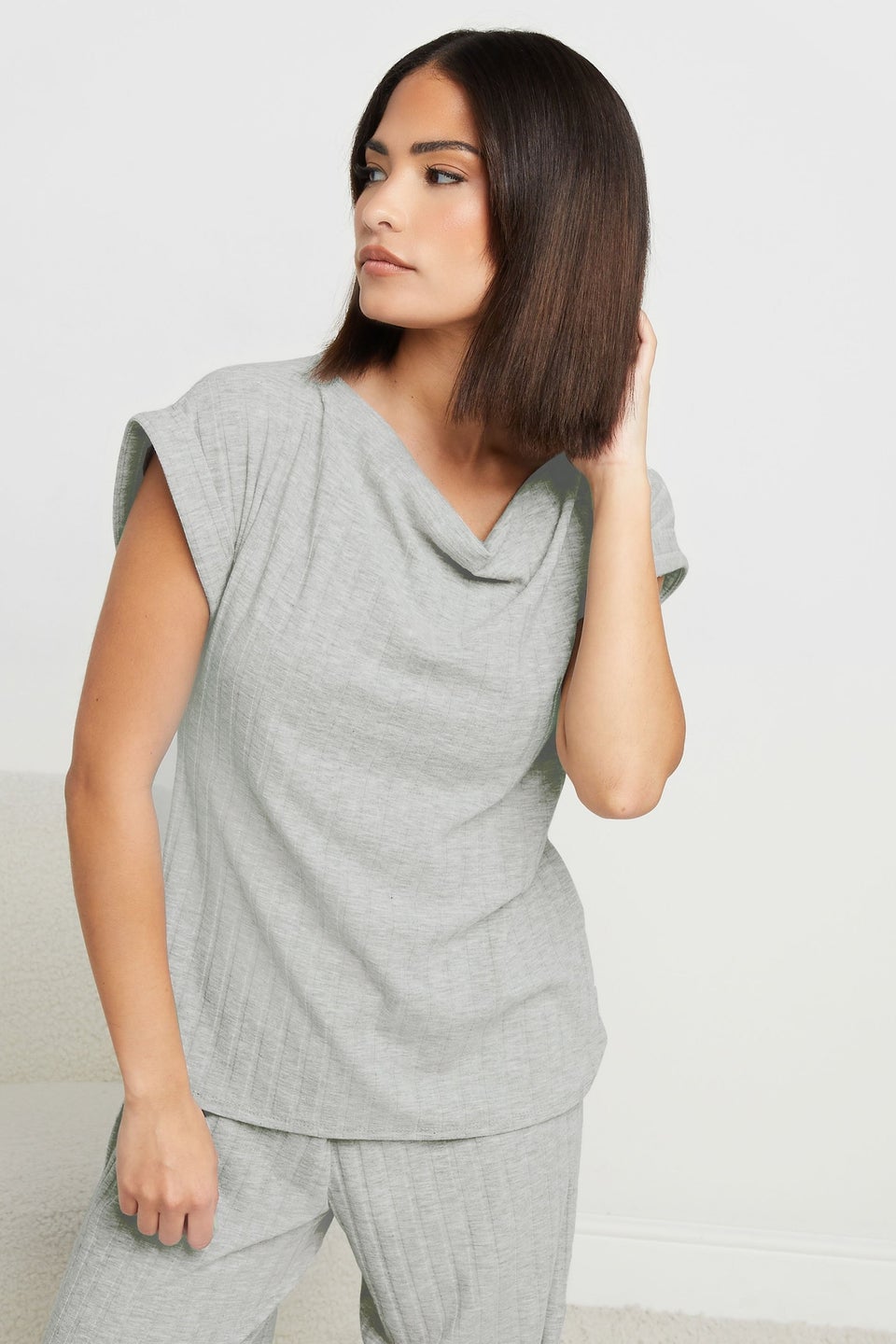 PixieGirl Petite Grey Ribbed Cowl Neck Top