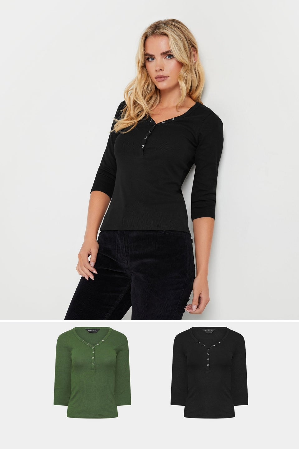 PixieGirl Petite 2 Pack Black & Khaki Green Button Henley Tops