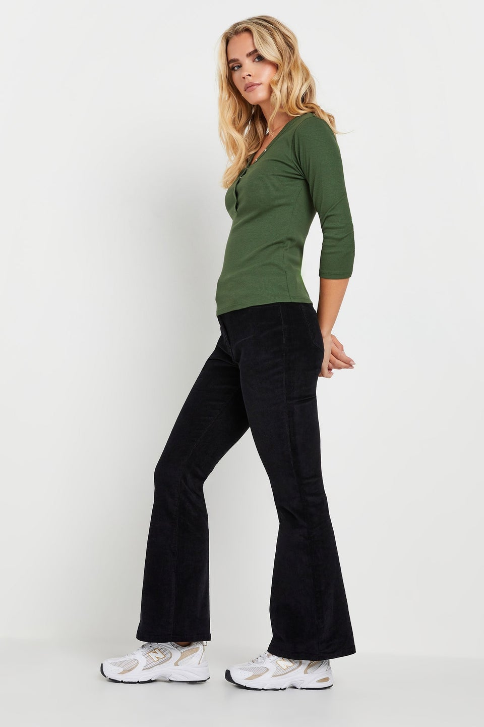 PixieGirl Petite 2 Pack Black & Khaki Green Button Henley Tops