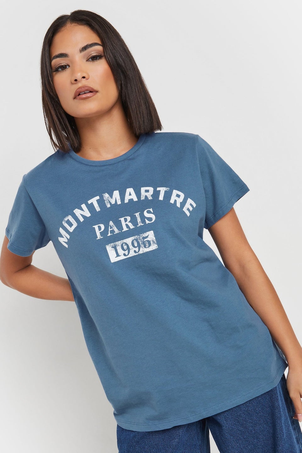 Pixiegirl Blue Acid Wash Slogan T-Shirt