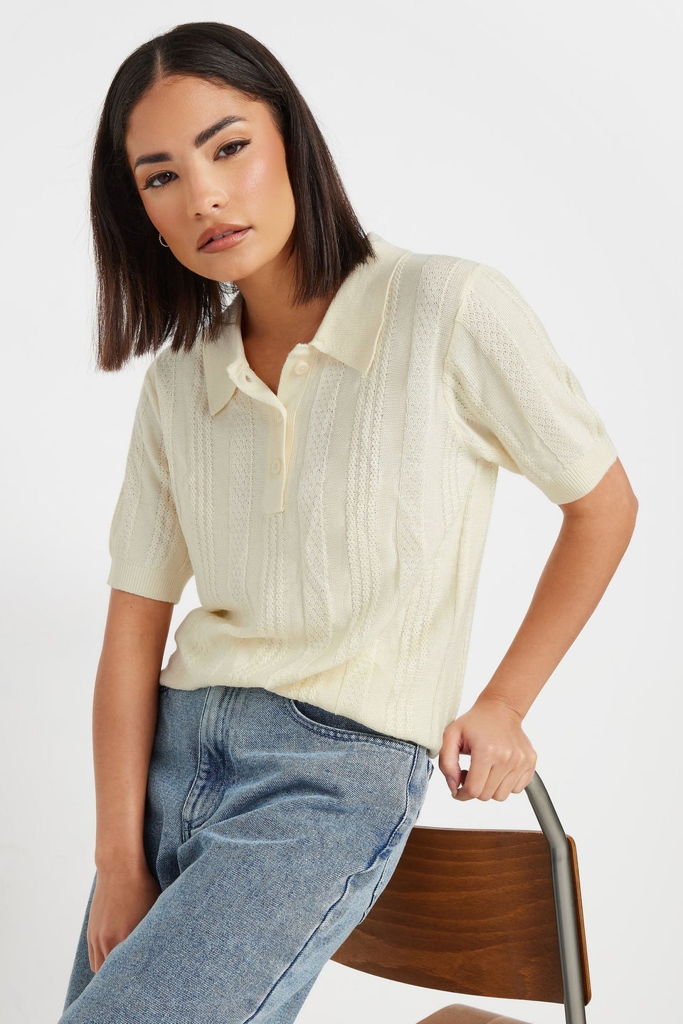 Pixiegirl Ivory White Pointelle Knit Polo Top
