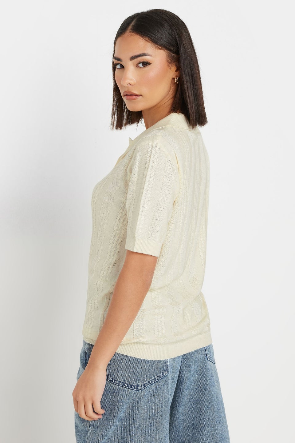 Pixiegirl Ivory White Pointelle Knit Polo Top