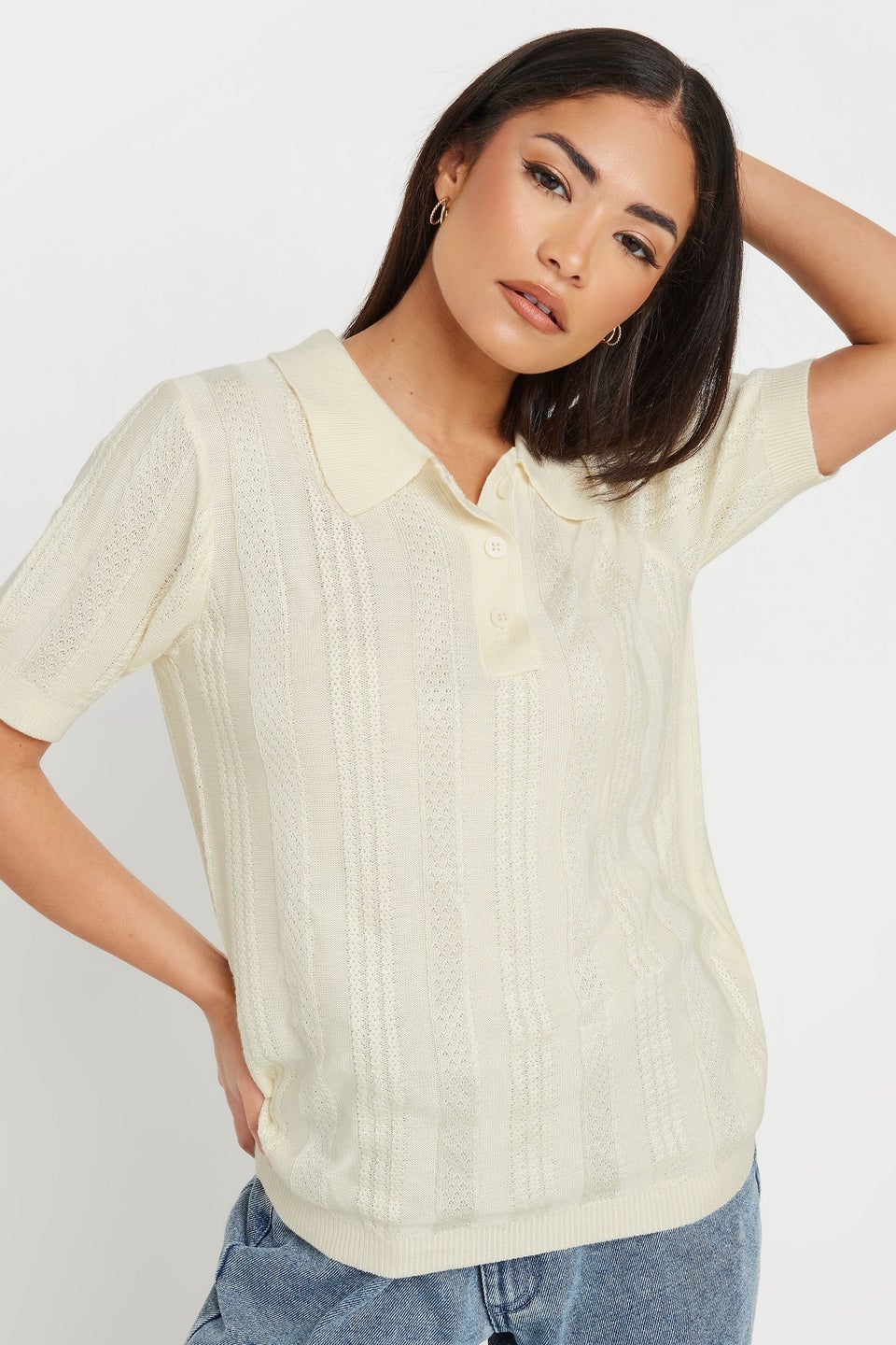 Pixiegirl Ivory White Pointelle Knit Polo Top