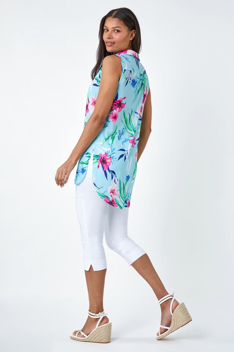 Roman Blue Tropical Floral Sleeveless Button Blouse