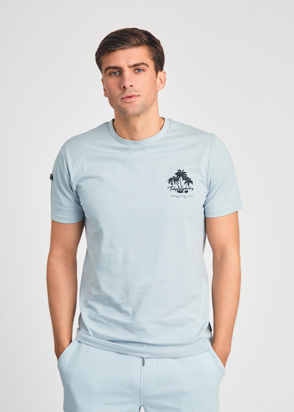 Tokyo Laundry Light Blue Beach Logo T-Shirt & Jogger Short Set