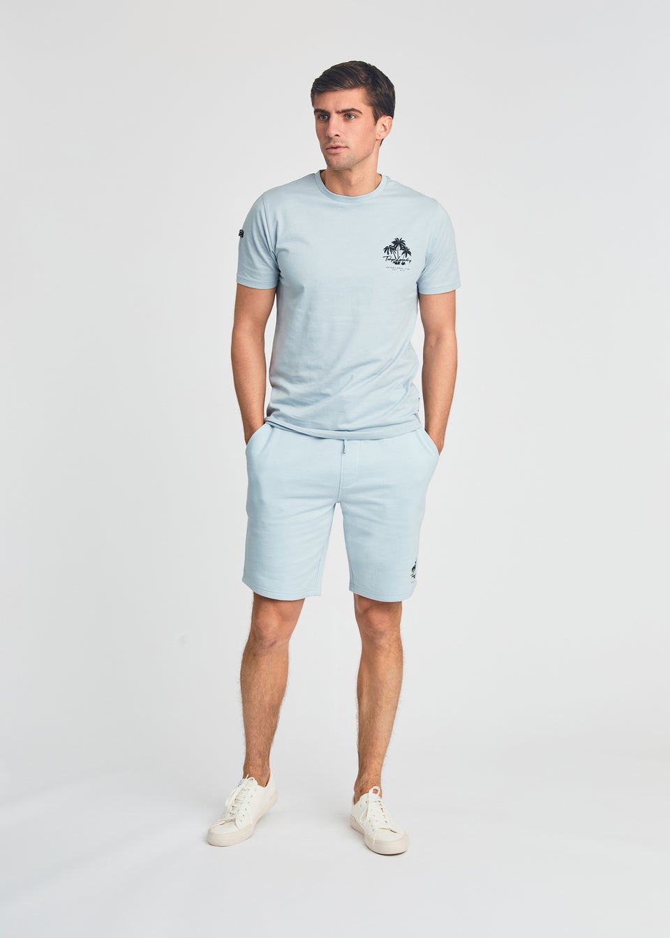Tokyo Laundry Light Blue Beach Logo T-Shirt & Jogger Short Set