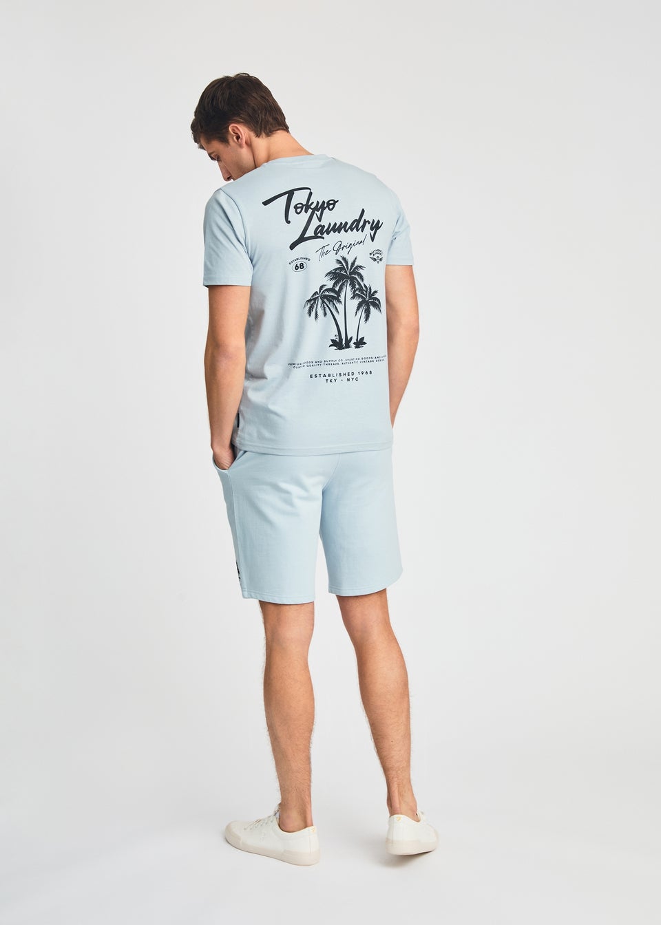 Tokyo Laundry Light Blue Beach Logo T-Shirt & Jogger Short Set