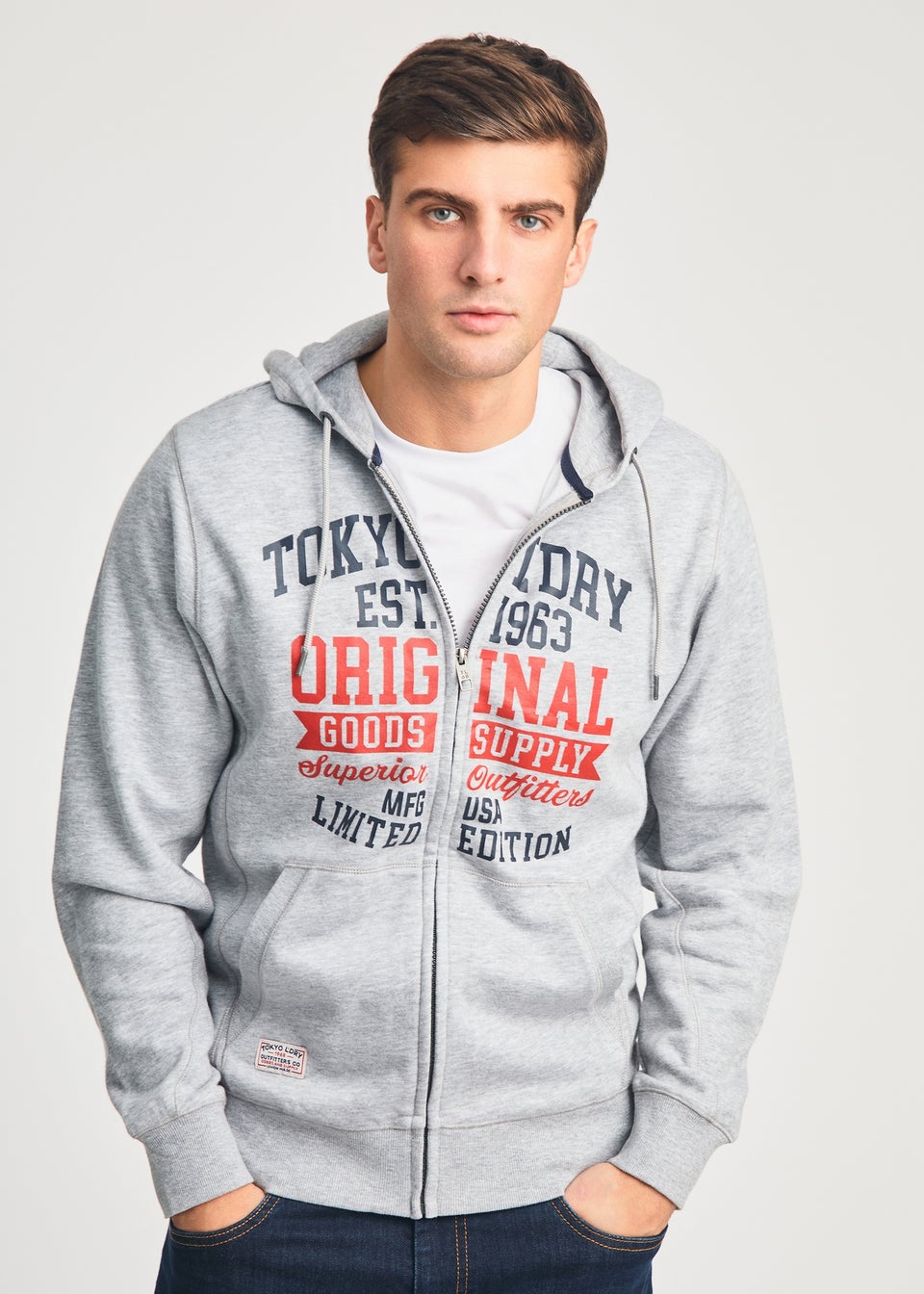 Tokyo Laundry Light Grey Full Zip Printed Hoody With Drawcord