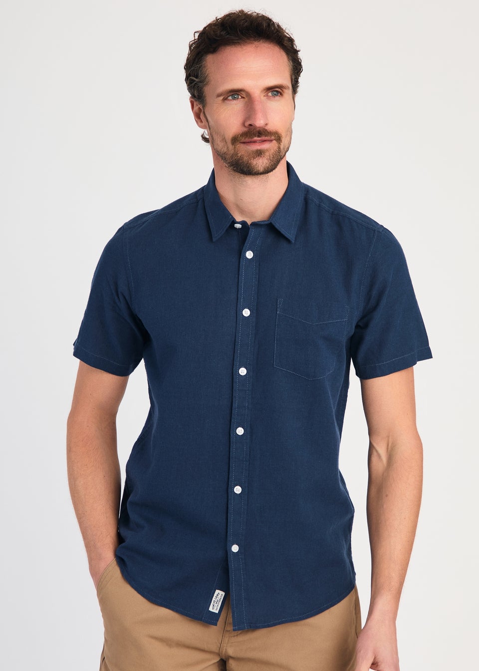Tokyo Laundry Blue Linen Blend Short Sleeve Button-Up Shirt With Chest Pocket