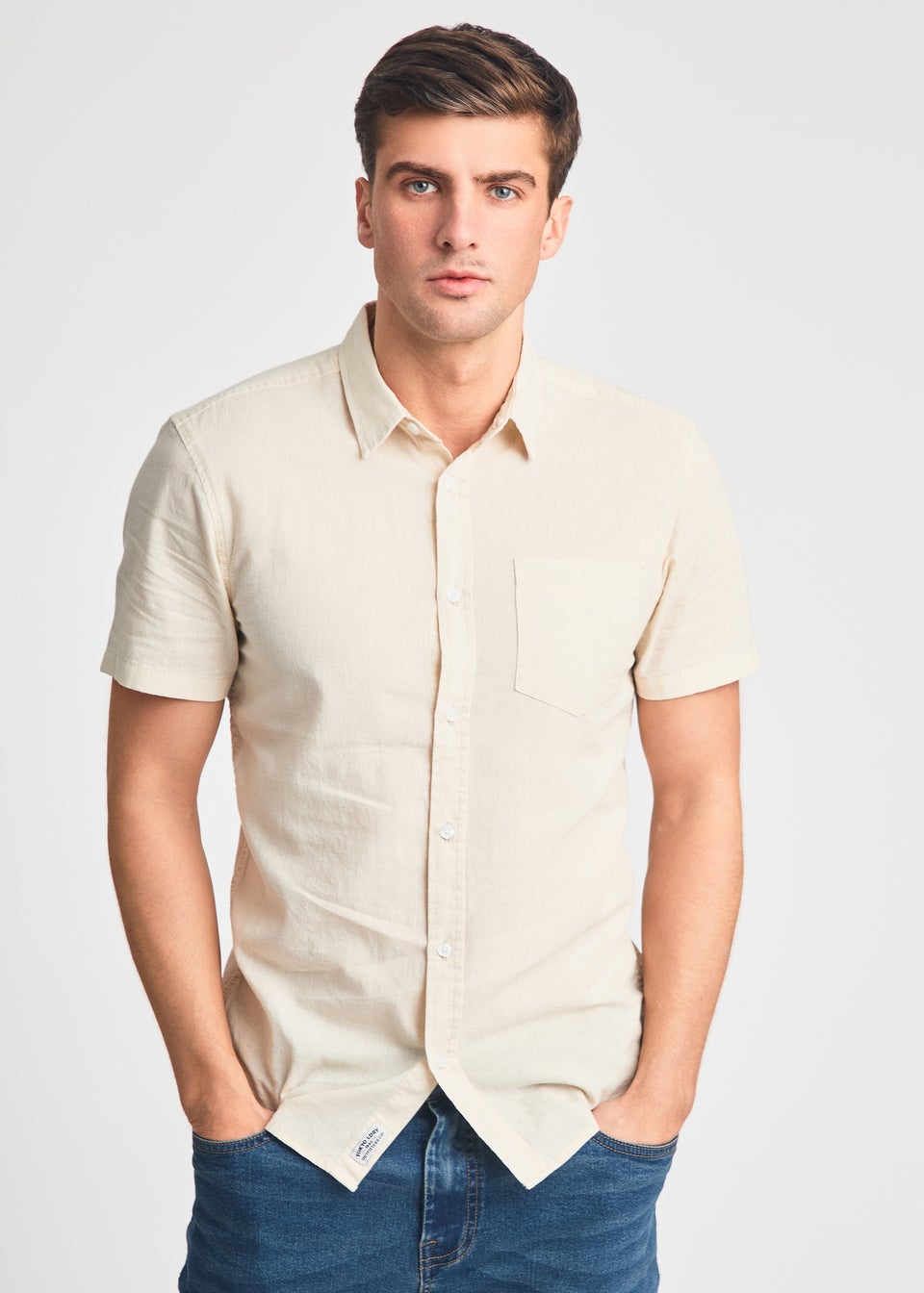 Tokyo Laundry Natural Linen Blend Short Sleeve Button-Up Shirt With Chest Pocket