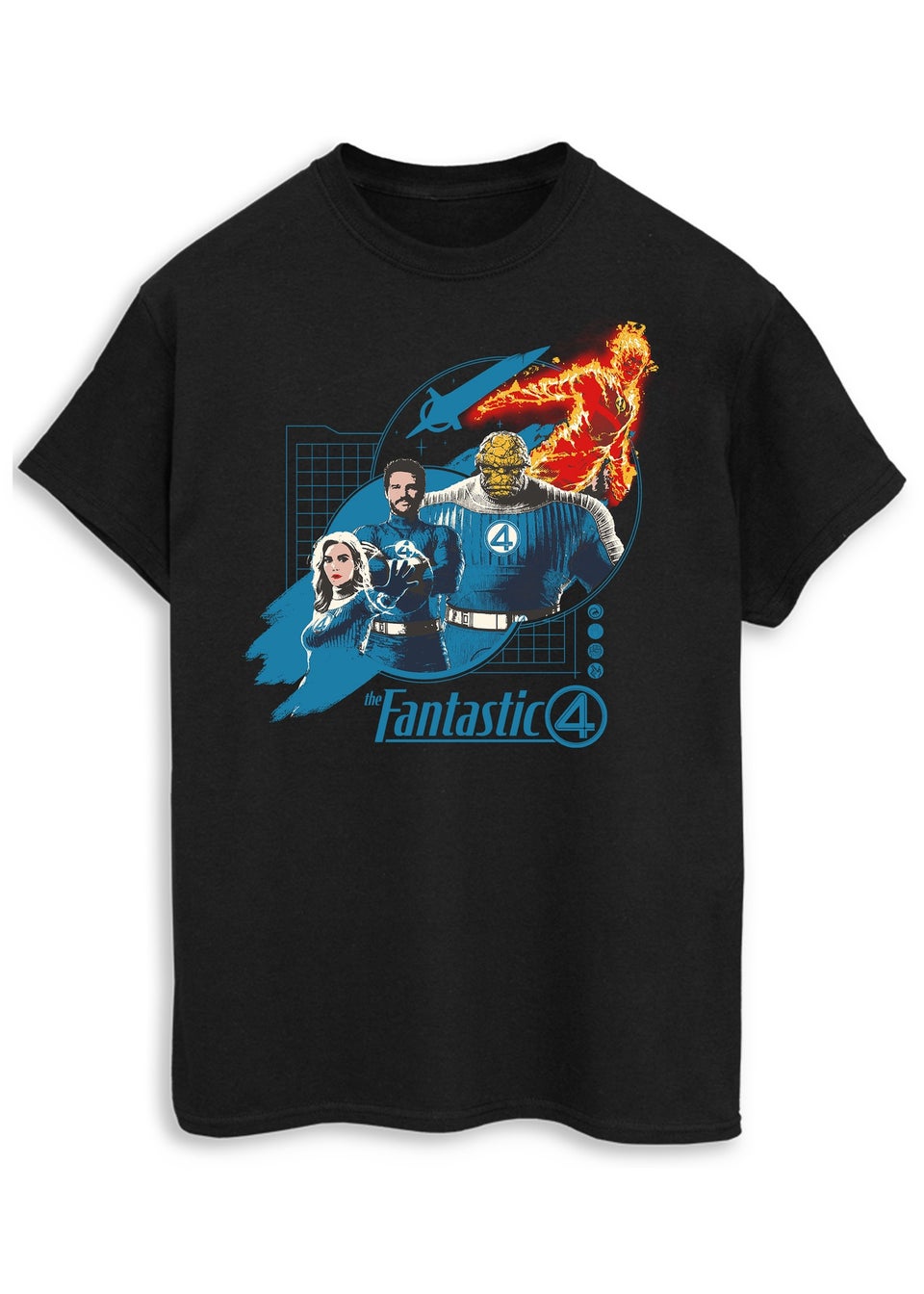 Marvel Fantastic Four Group Blue Grid Black Graphic T-Shirt
