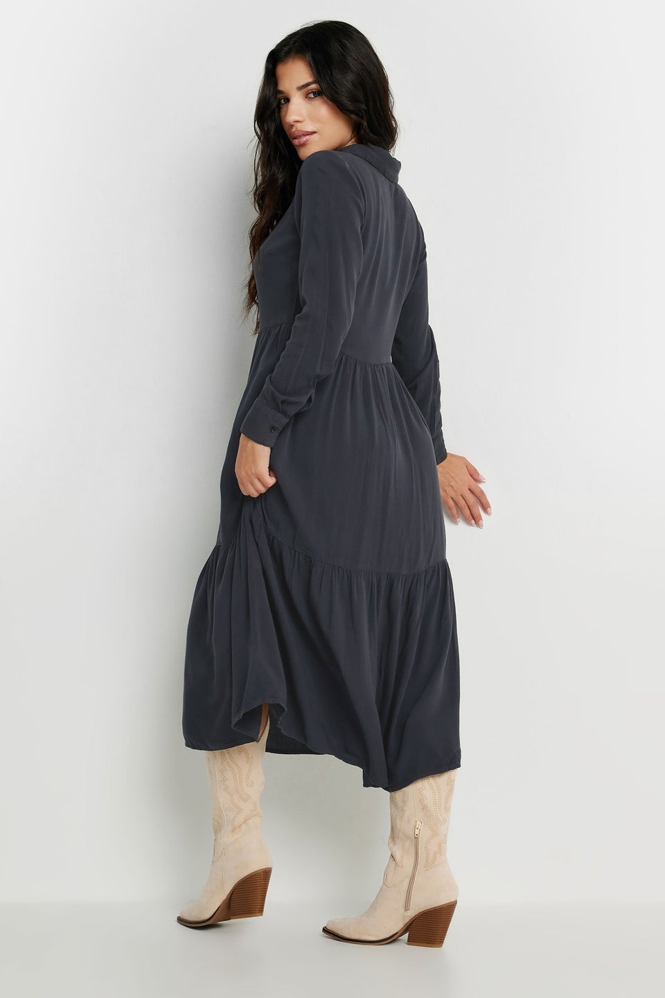 PixieGirl Petite Black Acid Wash Tiered Smock Dress