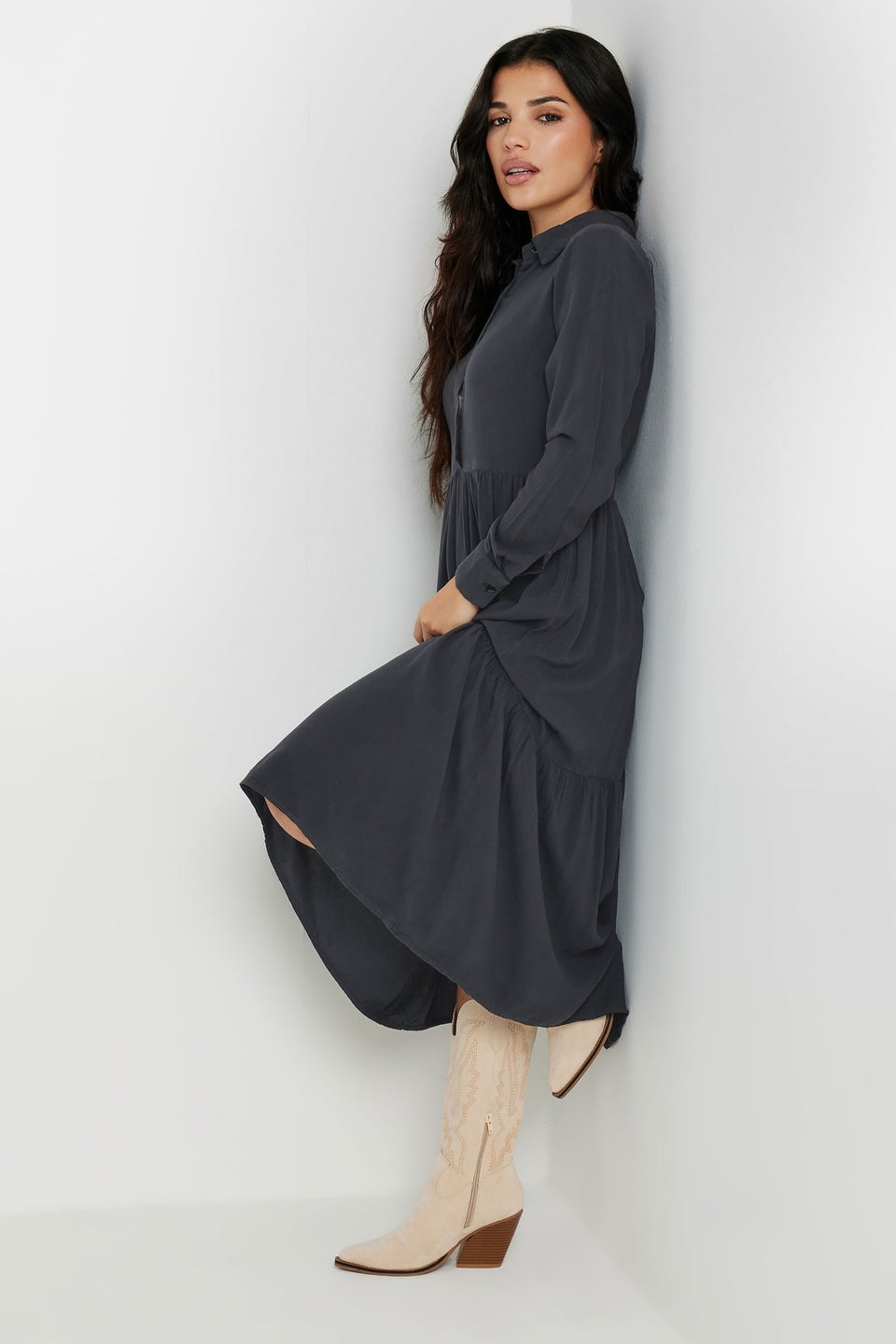 PixieGirl Petite Black Acid Wash Tiered Smock Dress