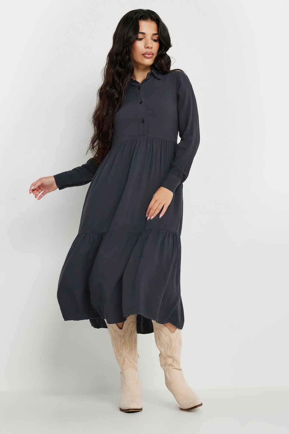 PixieGirl Petite Black Acid Wash Tiered Smock Dress