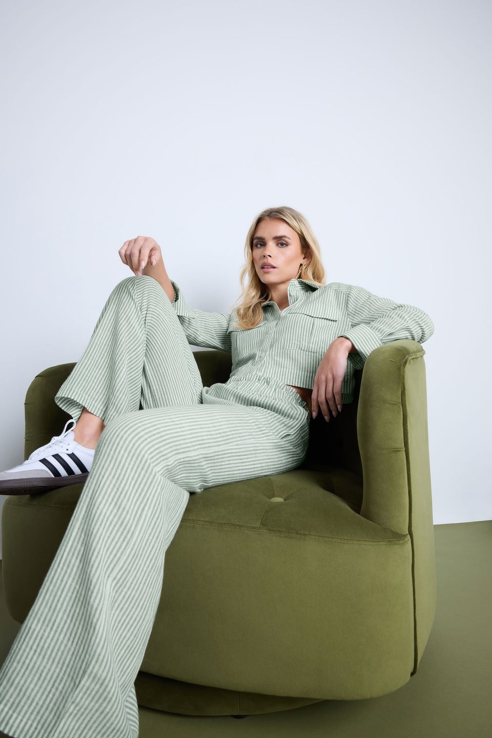 PixieGirl Petite Green Linen Striped Wide Leg Trousers