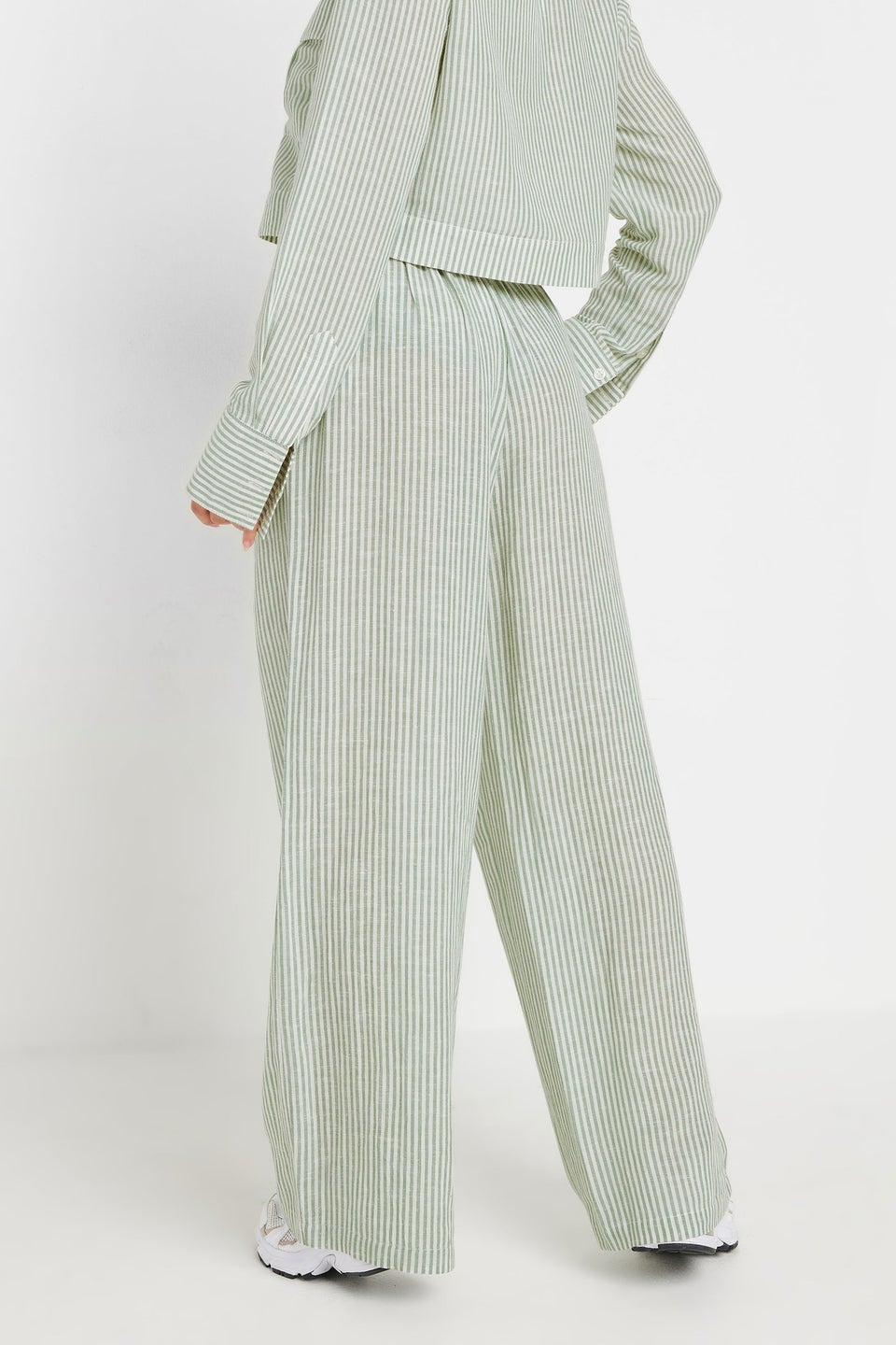 PixieGirl Petite Green Linen Striped Wide Leg Trousers