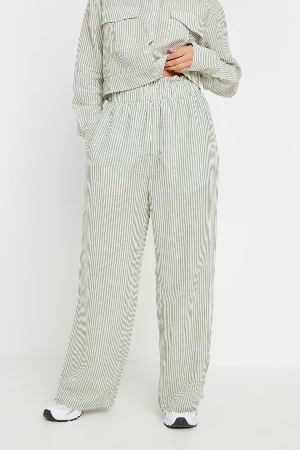 PixieGirl Petite Green Linen Striped Wide Leg Trousers