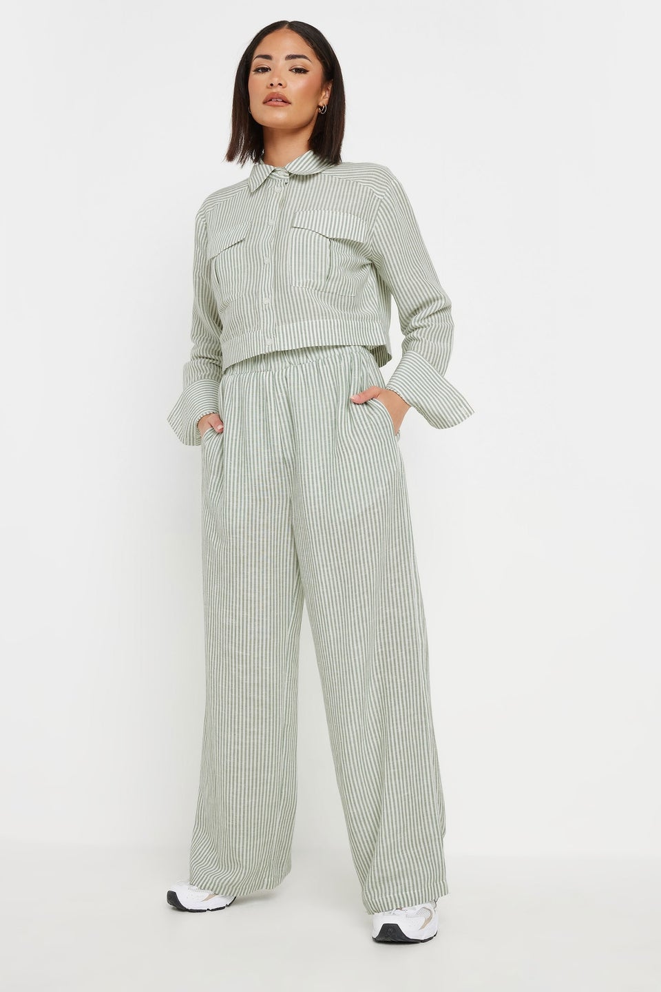 PixieGirl Petite Green Linen Striped Wide Leg Trousers