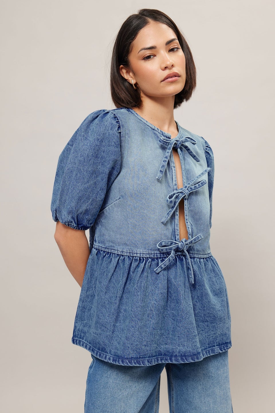 PixieGirl Petite Blue Denim Tie Front Peplum Top
