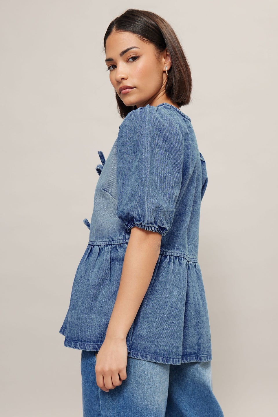 PixieGirl Petite Blue Denim Tie Front Peplum Top