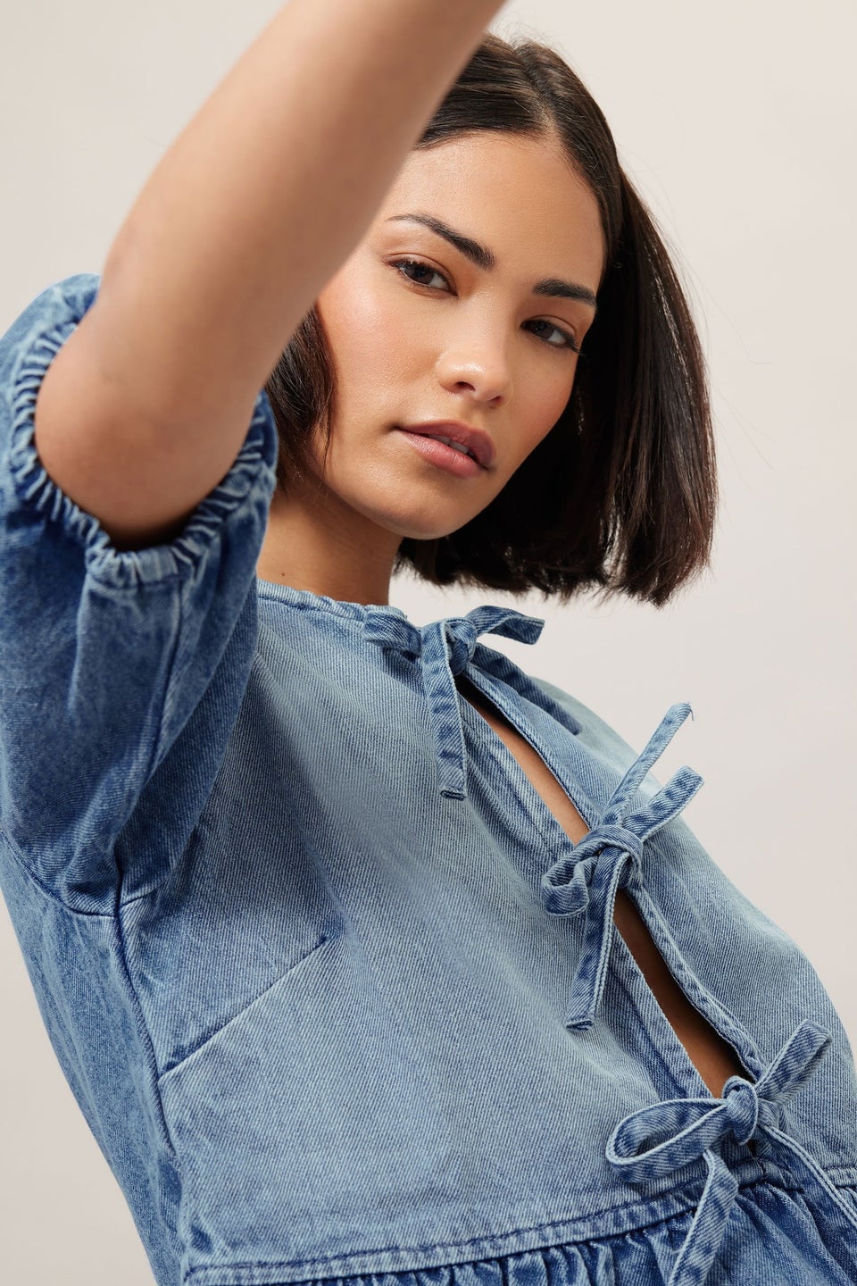 PixieGirl Petite Blue Denim Tie Front Peplum Top
