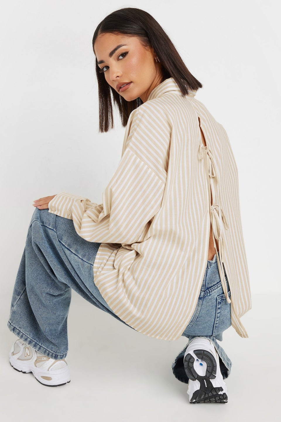 PixieGirl Petite Stone Brown Stripe Tie Back Shirt