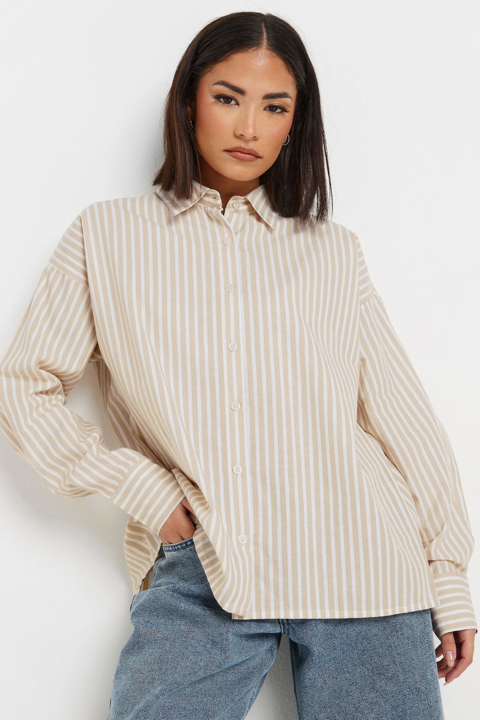 PixieGirl Petite Stone Brown Stripe Tie Back Shirt