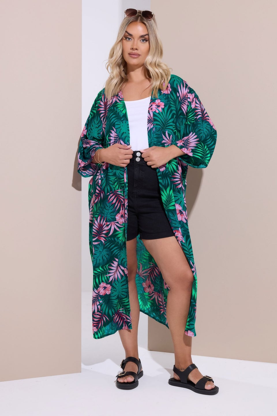 Yours Curve Green Tropical Print Crochet Midaxi Kimono