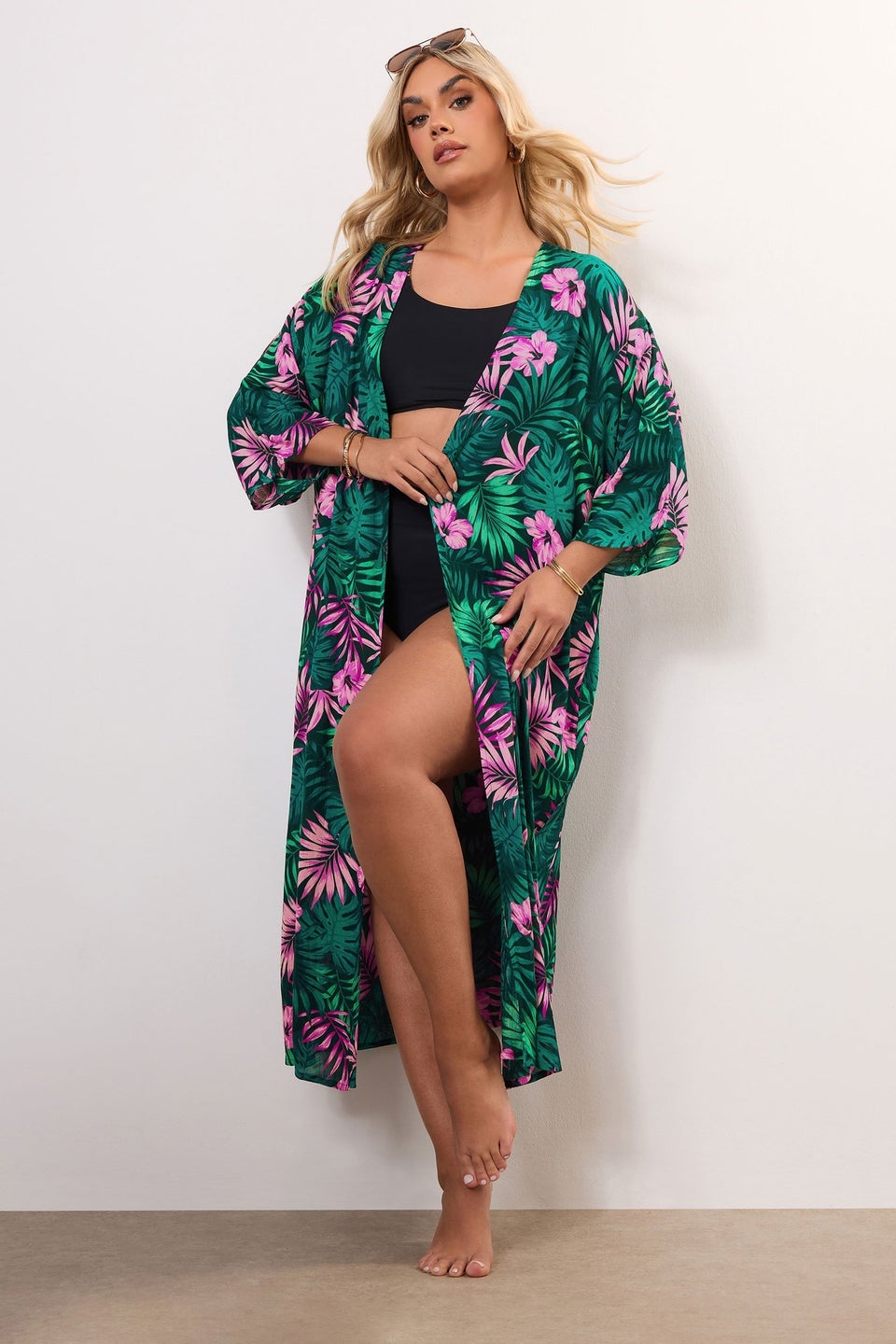 Yours Curve Green Tropical Print Crochet Midaxi Kimono
