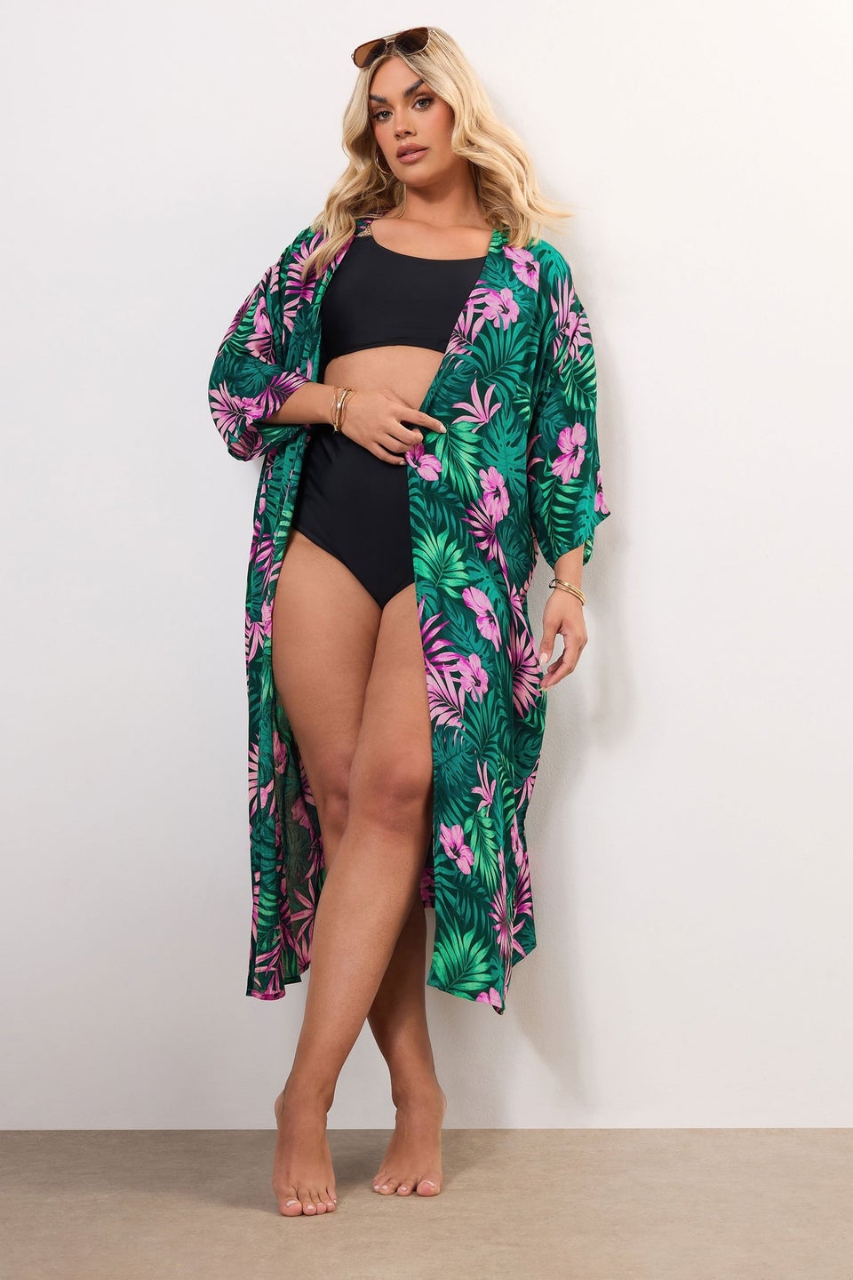 Yours Curve Green Tropical Print Crochet Midaxi Kimono