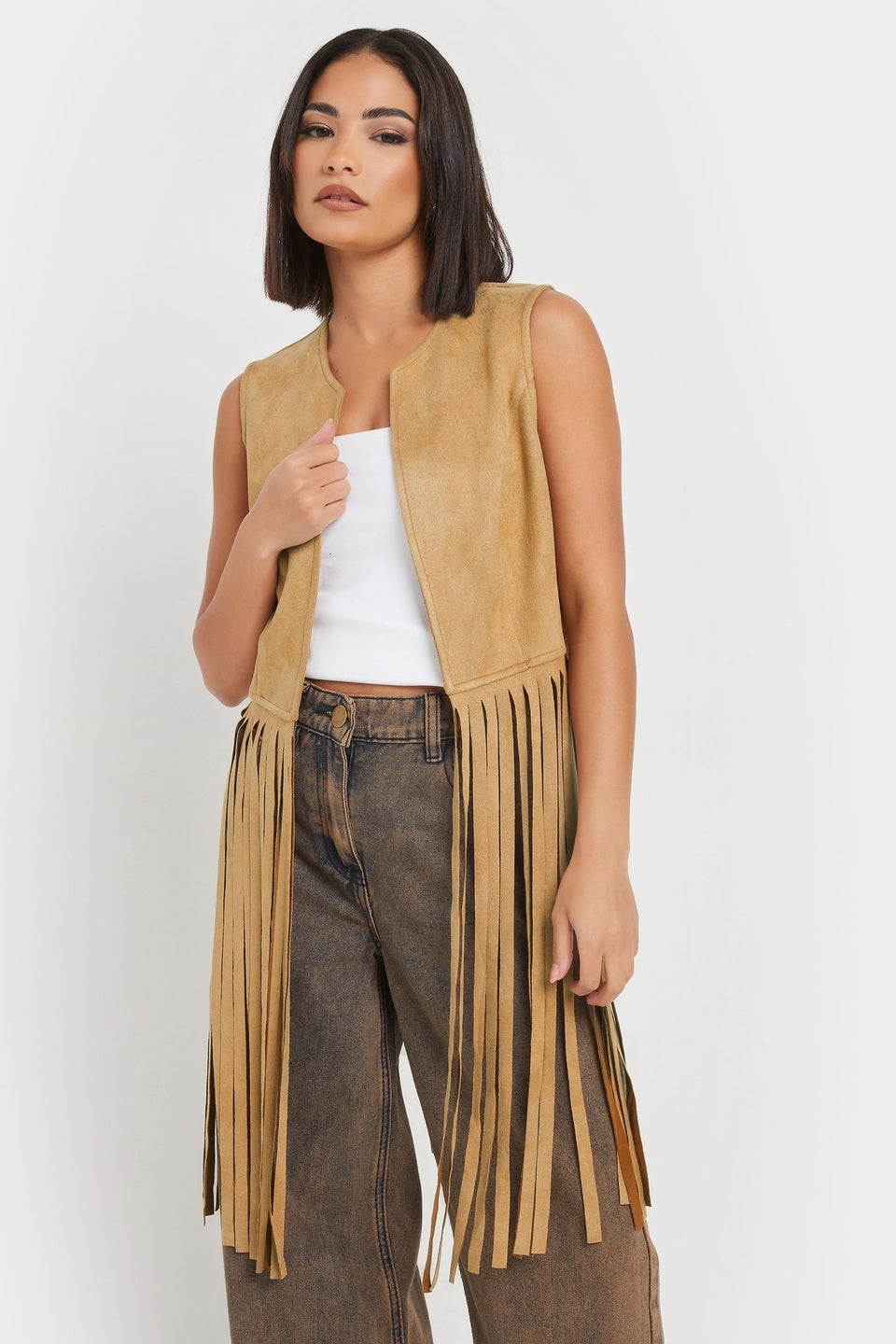 PixieGirl Petite Brown Faux Suede Tassel Waistcoat