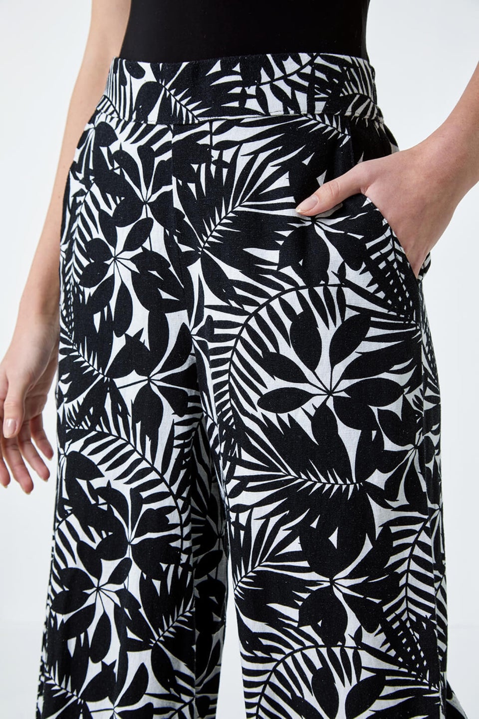 Roman Black Leaf Linen Blend Wide Leg Trousers