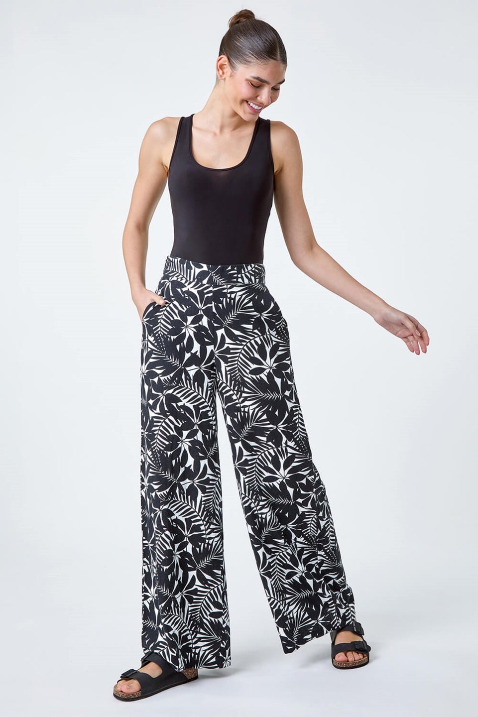 Roman Black Leaf Linen Blend Wide Leg Trousers