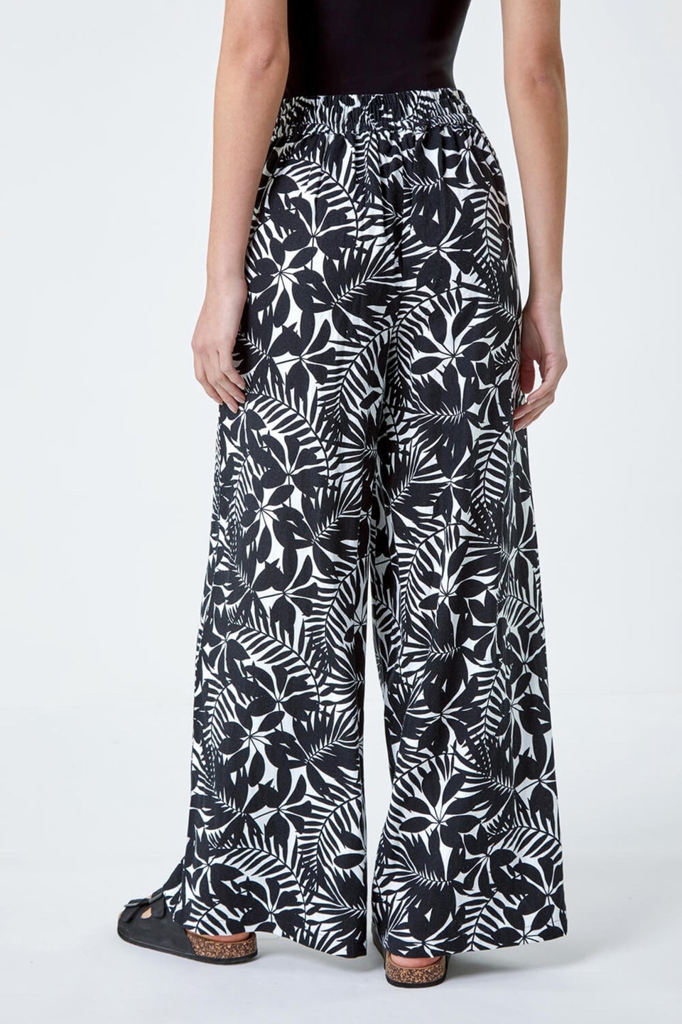 Roman Black Leaf Linen Blend Wide Leg Trousers