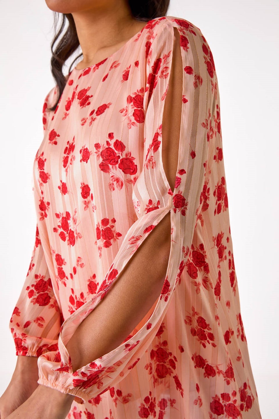 Roman Light Pink Rose Print Metallic Tunic Top