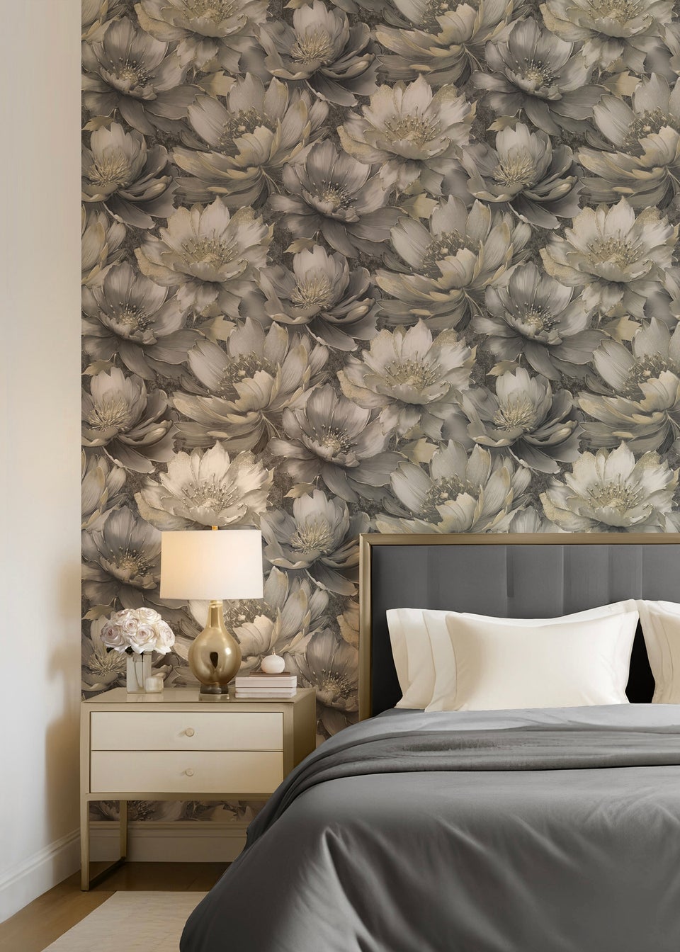 Muriva Aminah Floral Charcoal & Gold