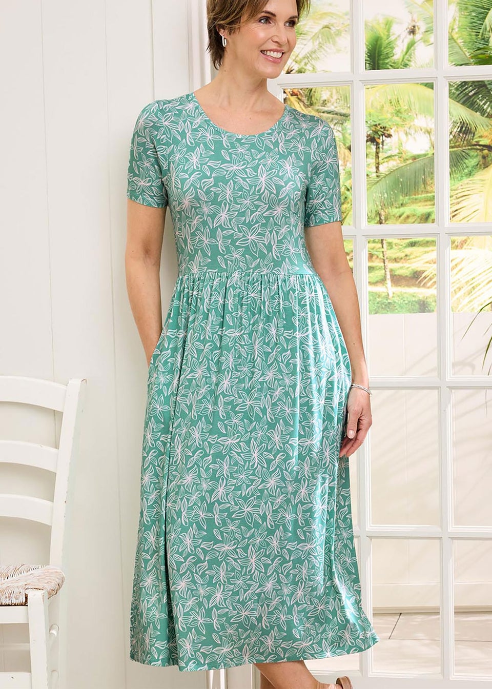 Cotton Traders Dusty Jade Printed Stretch Jersey Knee-Length Dress