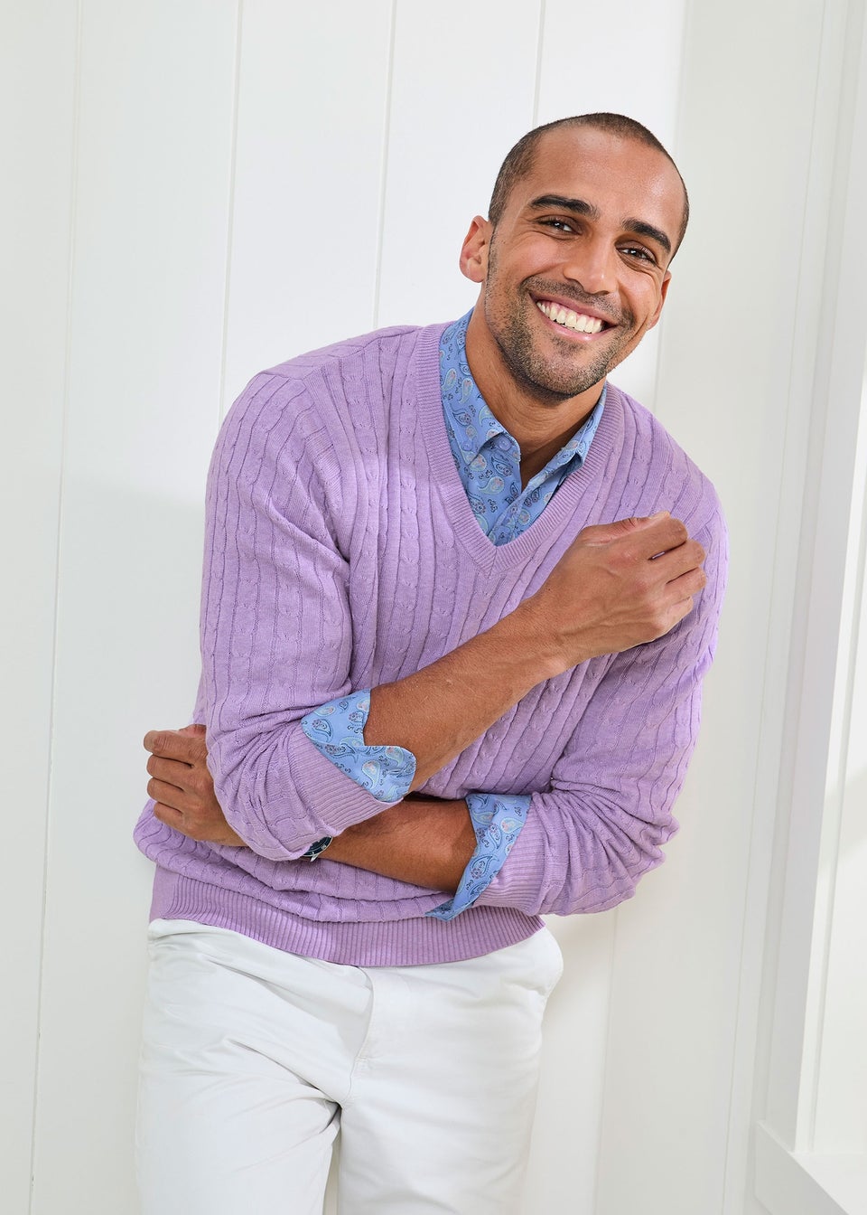 Cotton Traders Deep Lilac Cotton V-Neck Cable Jumper