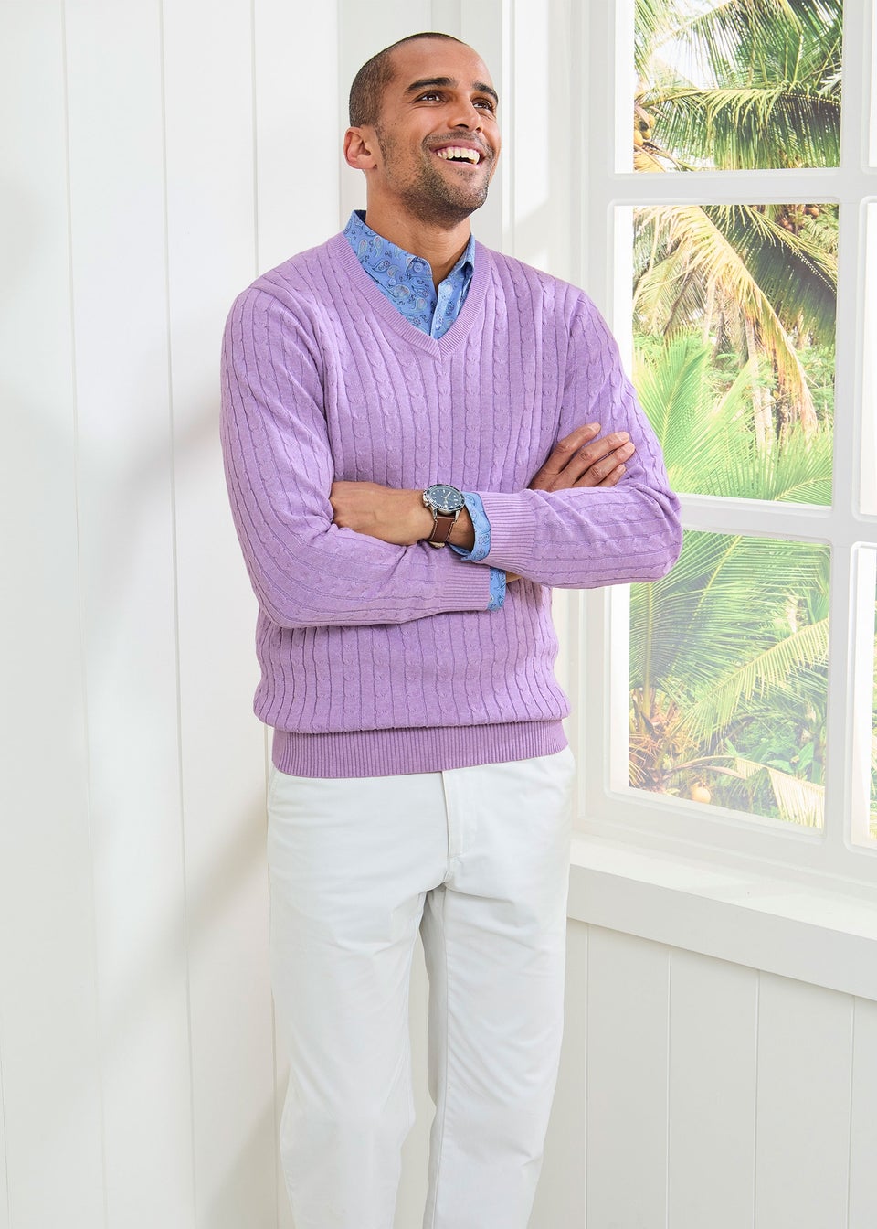 Cotton Traders Deep Lilac Cotton V-Neck Cable Jumper