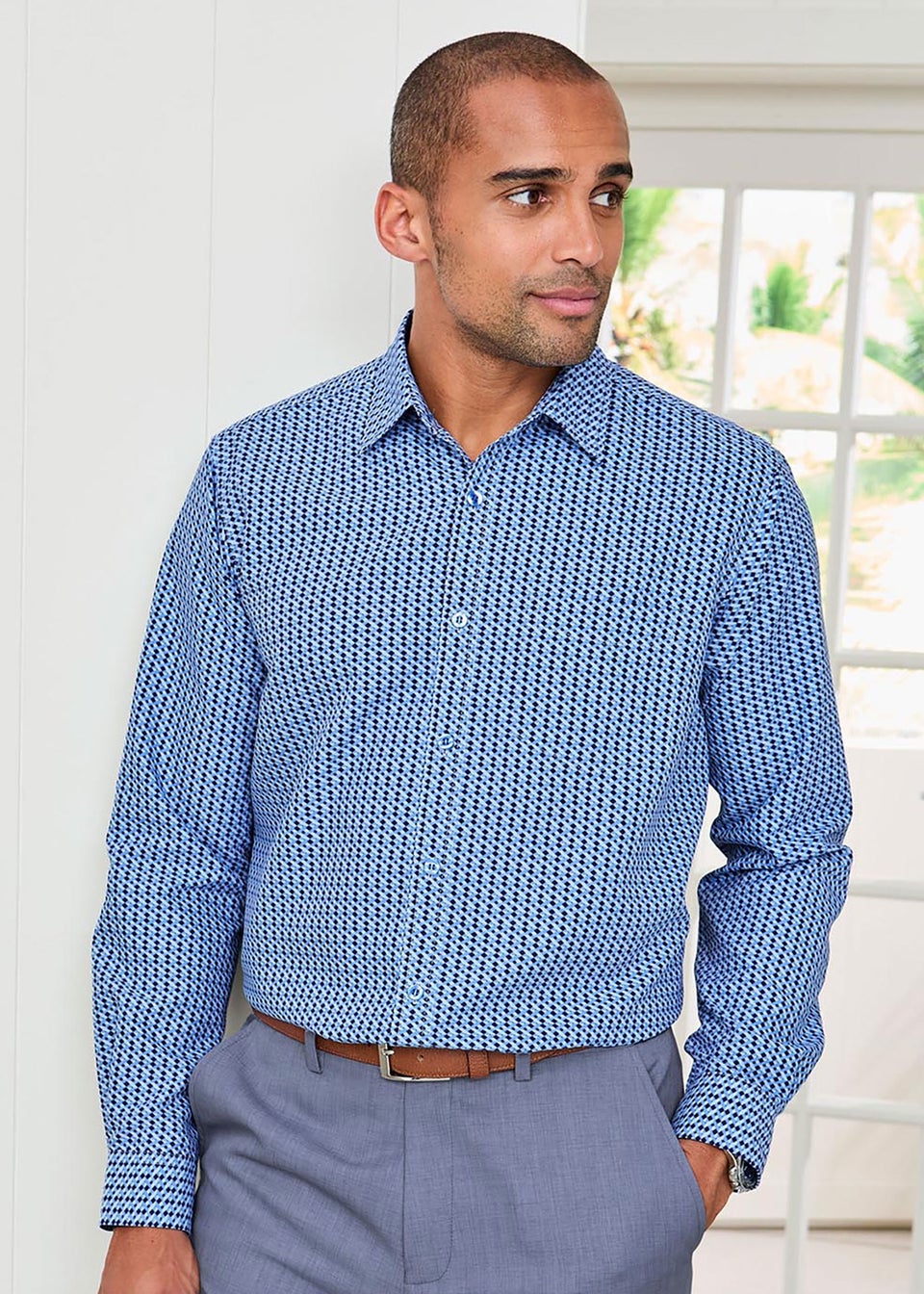 Cotton Traders Misty Blue Long Sleeve Soft Touch Print Shirt