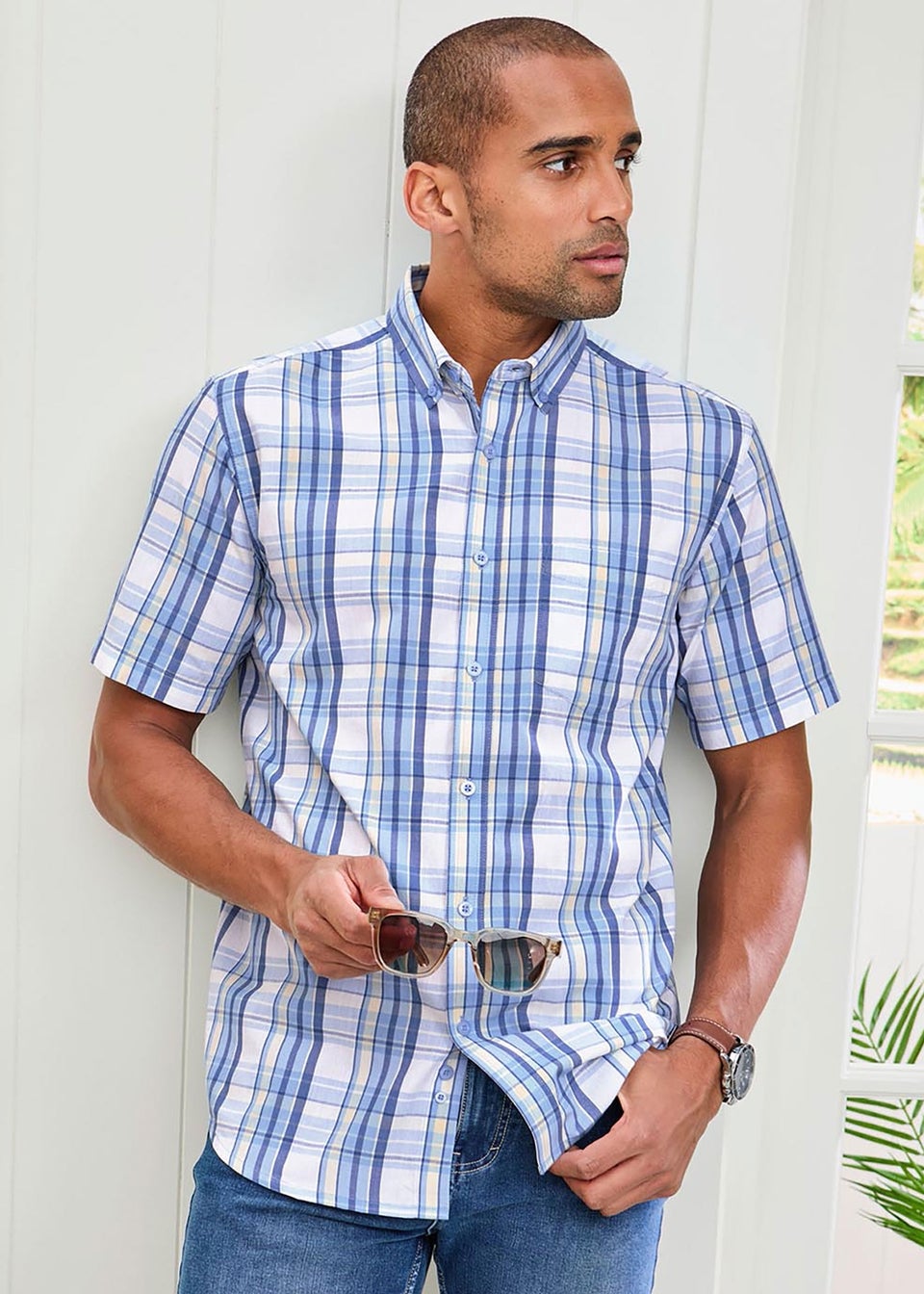 Cotton Traders Soft Blue Short Sleeve Casual Check Shirt