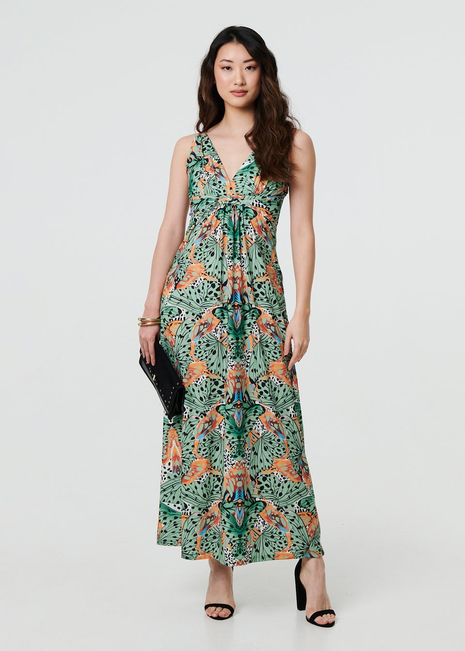 Izabel London Green Butterfly Print V-Neck Empire Maxi Dress