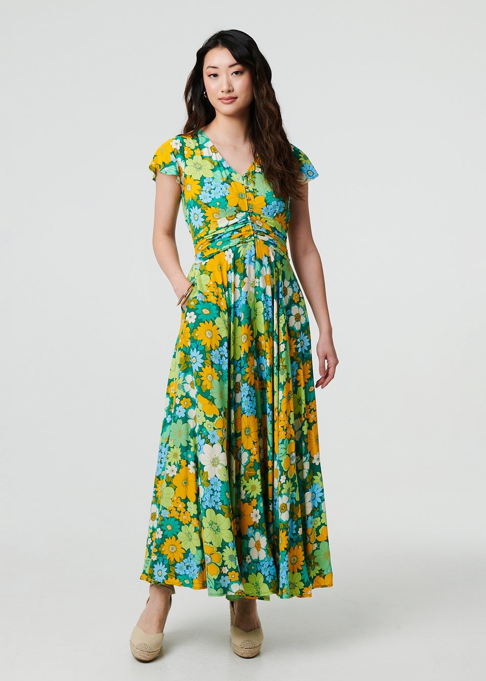 Izabel London Green Floral Ruched Cap Sleeve Maxi Dress