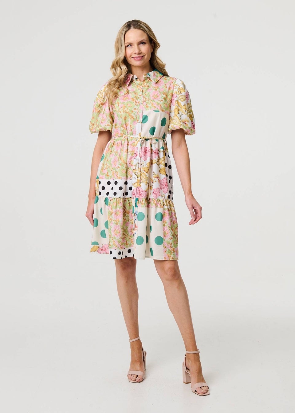 Izabel London Yellow Patchwork Print Knee Length Shirt Dress