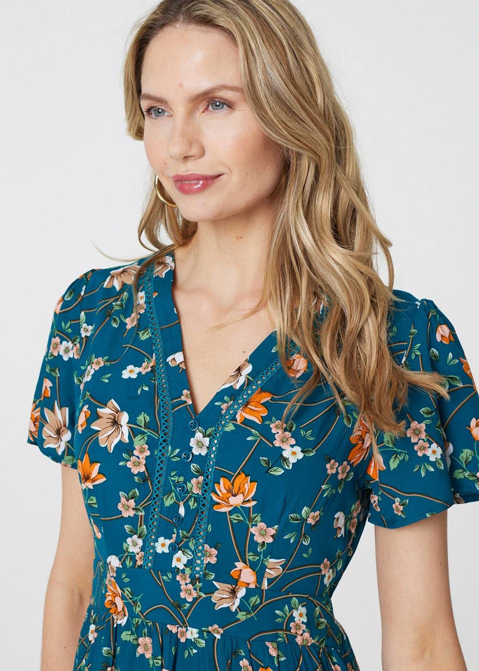 Izabel London Teal Floral Lace Trim Short Sleeve Midi Dress